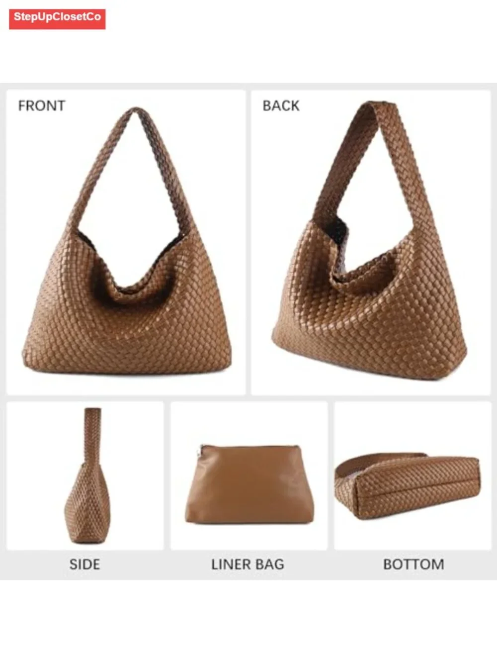 Vegan Leather Woven Hobo Tote Bag with Pouch, Wide Strap, Large Capacity